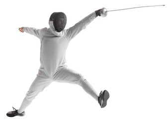 Dynamic portrait of male athlete in fencing costume with sword in hand in action isolated on...