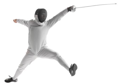 Dynamic portrait of male athlete in fencing costume with sword in hand in action isolated on transparent background - Powered by Adobe