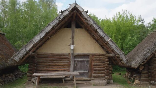 Ancient Wooden Slavic House - Biskupin, Poland - Pan Up