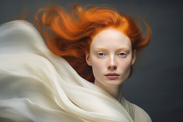 Windy redhead woman, freckled, mysterious and cold. - obrazy, fototapety, plakaty