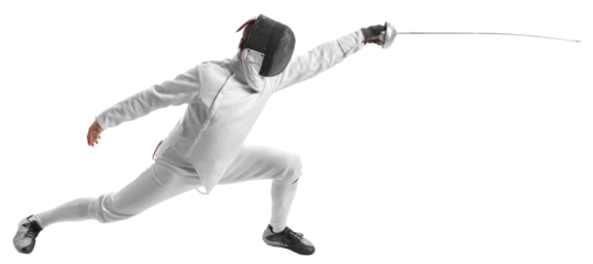 Side view dynamic portrait of athlete in fencing costume with sword in hand in action isolated on transparent background