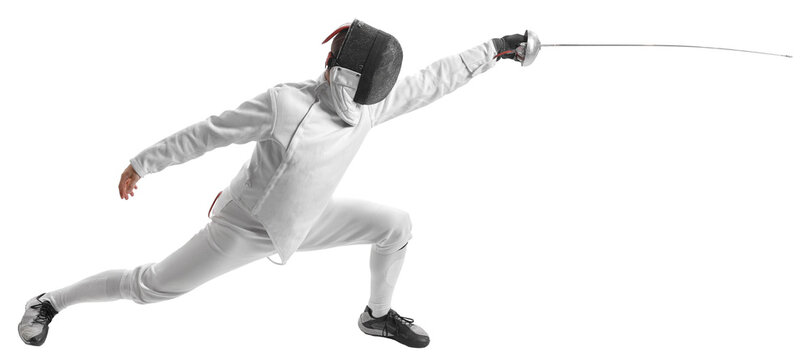 Side view dynamic portrait of athlete in fencing costume with sword in hand in action isolated on transparent background