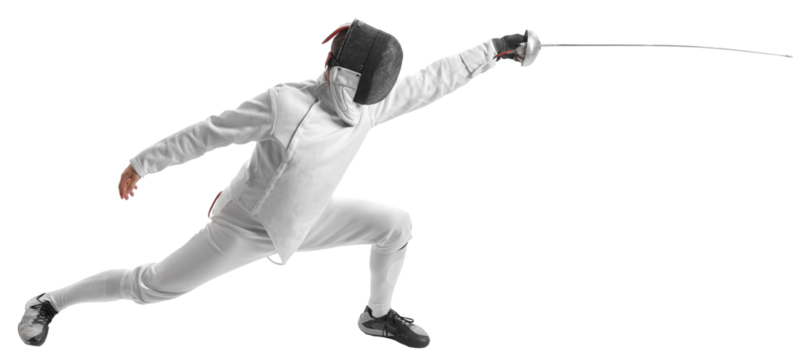 Side view dynamic portrait of athlete in fencing costume with sword in hand in action isolated on transparent background