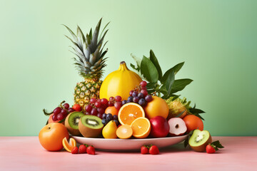 Inviting studio scene with fresh fruit set on pastel studio wall background, offering a clean and pleasing backdrop for the fruit and copy space for text integration. Generative AI