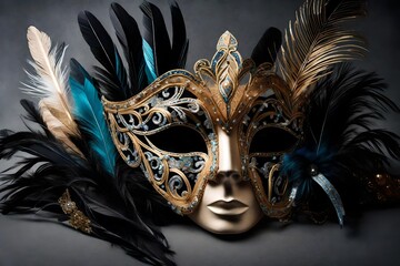 A close-up of an elegantly designed New Year's Eve mask adorned with shimmering sequins, feathers, and intricate details, capturing the anticipation of a masquerade ball