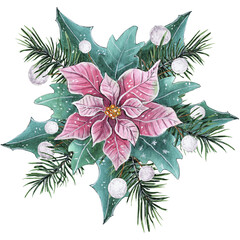 Watercolor Pink Poinsettia Bouquet Arrangement Suitable for Christmas and Winter Designs.