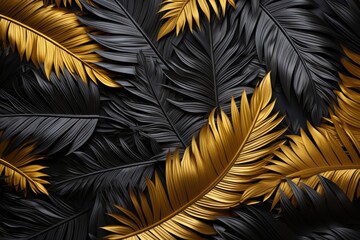 pattern with gold and black tropical palm leaves on dark background. Generative AI