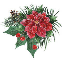 Watercolor Christmas Bouquet Arrangement with Red Poinsettia. Cute Winter Design Composition.