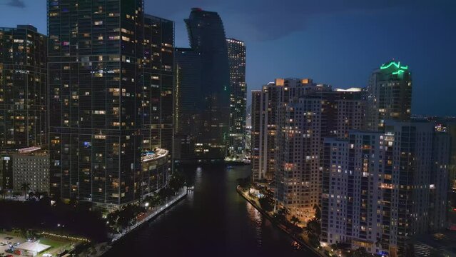 Highrise metropolis America, iconic flying view of financial district Miami Florida