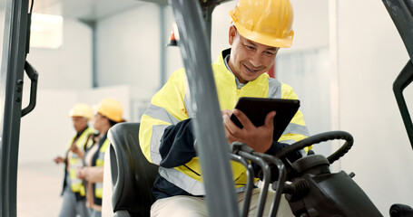 Construction, tablet and man in forklift vehicle for maintenance, planning and renovation in building. Civil engineering, machine and contractor on digital tech for online design, project and report