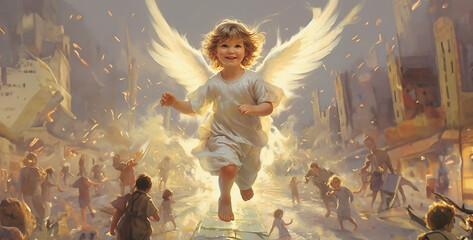 children in heaven, angel children - obrazy, fototapety, plakaty