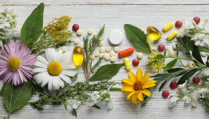 Various pills, herbal remedies, and blossoms laid out on a white wooden surface, top view with room for text. Nutritional supplements