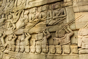 Bas relief sculpture, Soldiers charging into battle between the Cham and Khmer