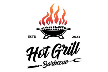 Barbecue Grill Meat Logo design .A black and white logo depicting a grill and a flame; perfect for a restaurant, barbeque business, grill accessories company - obrazy, fototapety, plakaty