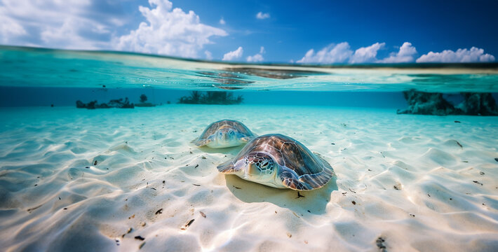 sea turtle on the beach, limulus swimming in blue maldive beach