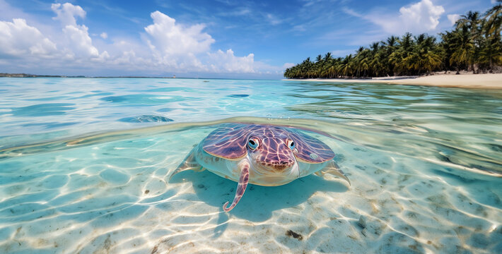sea turtle on the beach, limulus swimming in blue maldive beach
