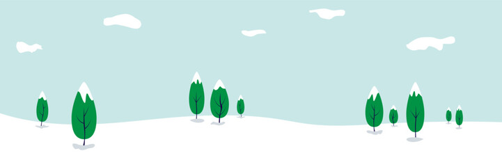 Winter landscape of snowy lowland with trees. Vector illustration banner - 671488463