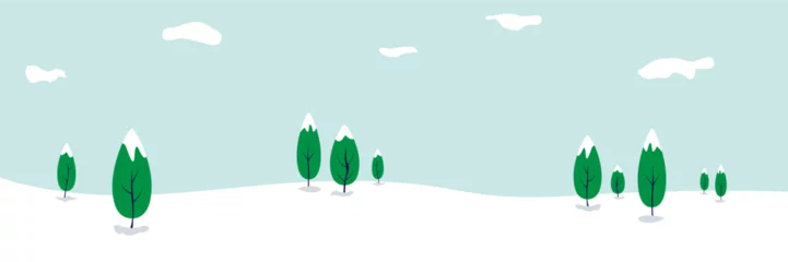 Fototapeten Winter landscape of snowy lowland with trees. Vector illustration banner © puckillustrations