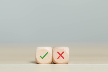 Businessmen think and choose between right and wrong symbols. True and False symbols accept...