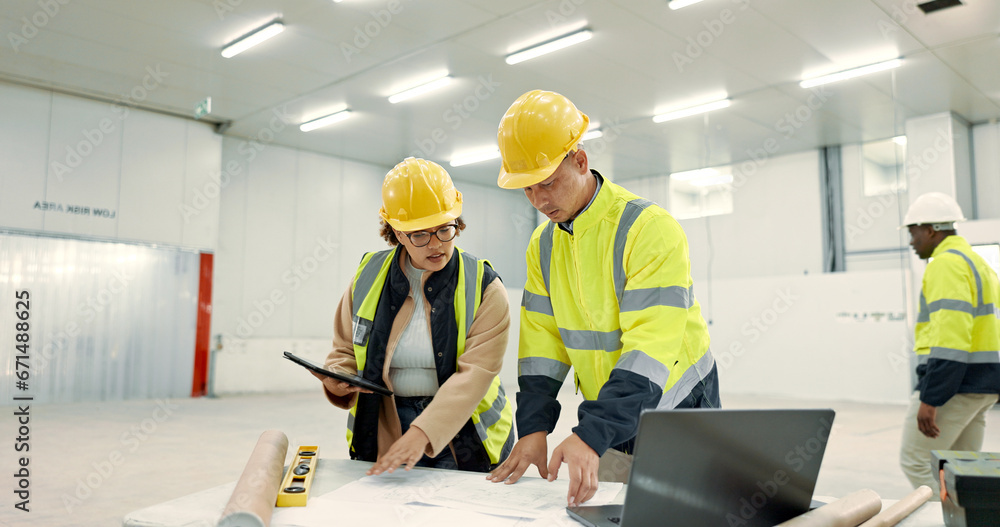 Poster engineering people, teamwork and blueprint for construction site planning, building design and table