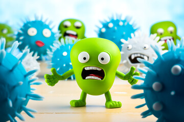 3D humorous drawing of wary microbe amid virus army. - obrazy, fototapety, plakaty