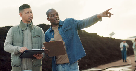 Men, farmer and agriculture land or pointing dirt compost, collaboration, business startup or...