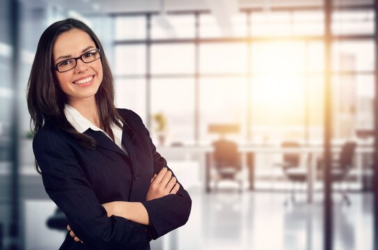 Happy young confident business woman posing, AI generated image
