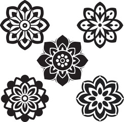 Hand drawn mandala floral silhouette set, Indian mandala art black design on white background