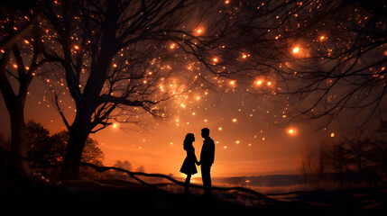 A couple gazing into each other's eyes beneath a canopy of twinkling stars, setting a lovely and dreamy scene for Valentine's Day. - obrazy, fototapety, plakaty