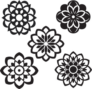 Hand drawn mandala floral silhouette set, Indian mandala art black design on white background