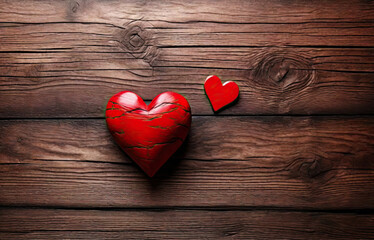 two red hearts on dark wooden background