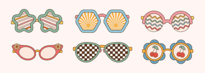 Sunglasses set in retro groovy hippie style. Different forms stars, flowers. Vector illustration 70s 80s