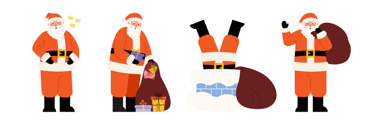 Santa Claus character happy in different poses collects gifts in bag. Merry laughing Old man in red suit with big gift sack. Vector flat illustration on white background