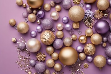 Décorations dorées et paillettes sur fond violet pâle