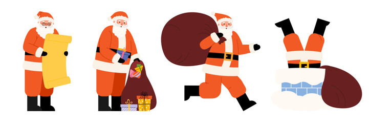 Santa Claus character in different poses smiling delivers gifts. Old man in red costume climbs down chimney. Santa Reading Christmas wish list. Vector flat illustration on white background