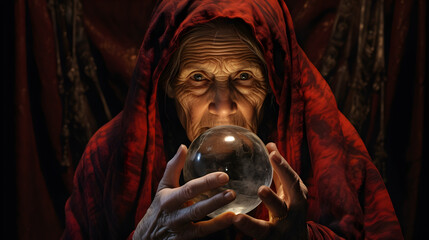 une vielle femme regarde à l'intérieur d'une boule de cristal, c'est une diseuse de bonne aventure - obrazy, fototapety, plakaty