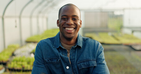 Man, farming and happy portrait in greenhouse, healthy food and sustainability in eco friendly...