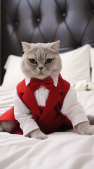 Scottish Fold cat wearing a red tuxedo sitting.