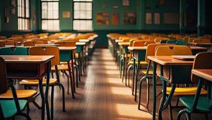 empty classroom with rows of old desks and wooden chairs