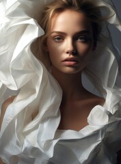 Photo of a beautiful woman surrounded by a light flowing fabric that flutters in the wind, close-up