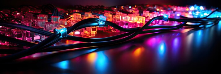 two strips of cables are shown in bright neon colors