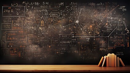 Chalkboard with many equations in school classroom. 