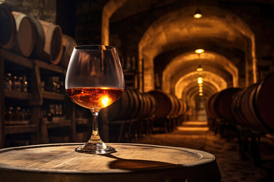 whiskey or cognac in snifter glass on old wooden barrel in cellar