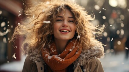 Joyful Young Woman Embracing Winter's Sunlit Snow and Breeze