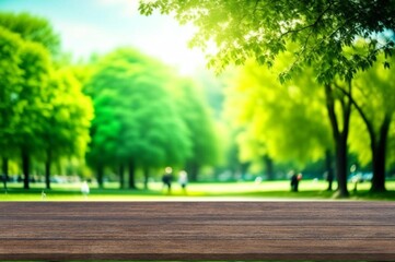 summer backyard garden with empty wooden table, AI generated image