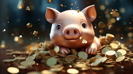 A piggy bank, money case, case, bag with a pastel blue, ping, gold background. Gradient cyberpunk background. Splash of gold, money, and coins. Flowers explosion. Fantasy butterflies. Nice like TVC, s