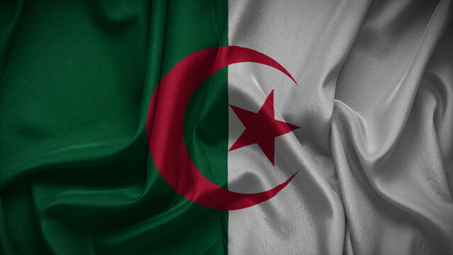 3d illustration flag of Algeria. Close up waving flag of Algeria.