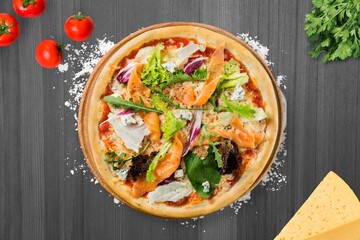 Tasty fresh pizza dish with spices,