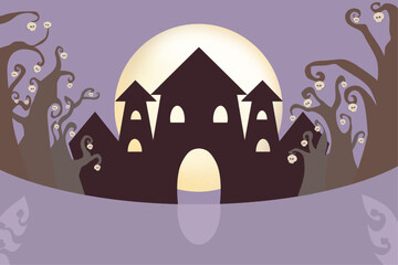 scary haunted house in the woods with moon and skull tree purple theme vector illustration minimalism for scary event