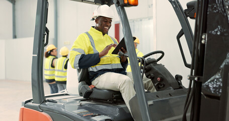 Construction site, tablet and black man in forklift machine for maintenance, planning and building...